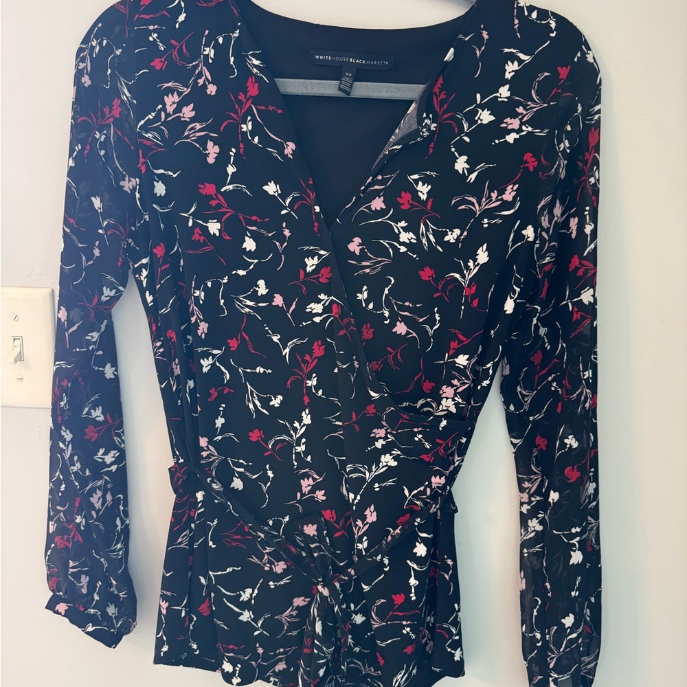 White House Black Market Black and Red Floral Blouse